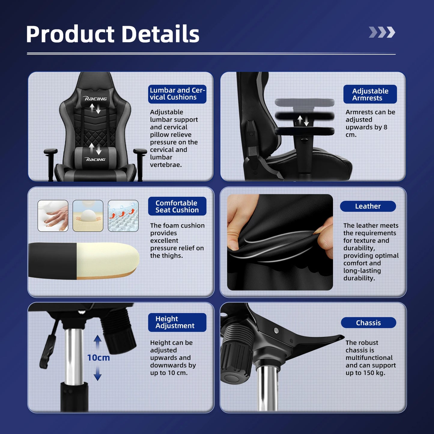 AUTHMIC Ergonomic Gaming Chair Office Recliner with Lumbar Support Adjustable Armrest 150kg Load for Home Work Gamer Setup