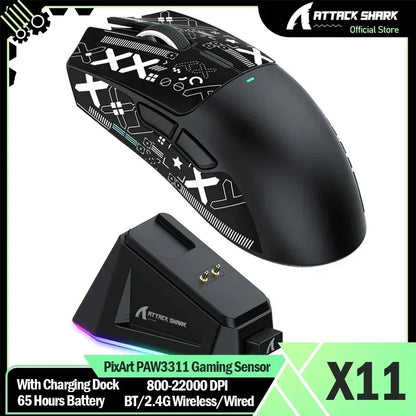 Original Brand ATTACK SHARK X11 Wireless Gaming Mouse Charging Dock PixArt PAW3311 Gaming Sensor, Origin BT/2.4G Wireless/Wired