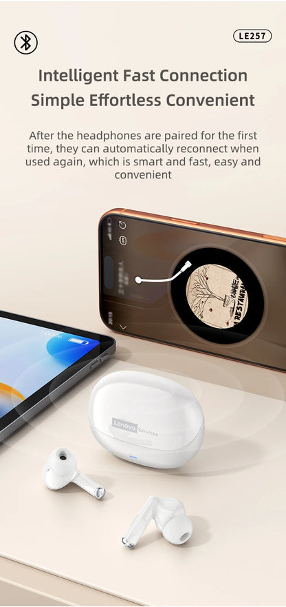  Lenovo LE257 TWS Wireless Bluetooth 6.0 Headphones HiFi Sound ENC Call Noise Reduction Earphone Gaming Sports Headset With Mic