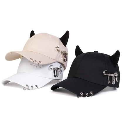 Personalized cow horn iron ring baseball cap versatile student curved brim duckbill cap for men and women street hip-hop