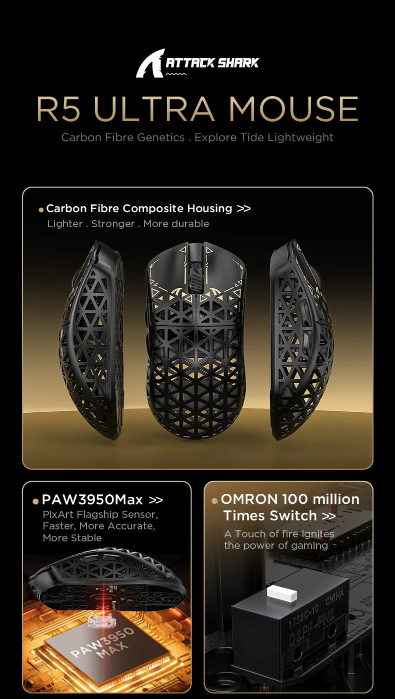 ATTACK SHARK R5 Ultra Carbon Fiber Wireless Gaming Mouse, PixArt PAW3950MAX Gaming Sensor, 42000DPI, 8000Hz, MCU Nordic 52840