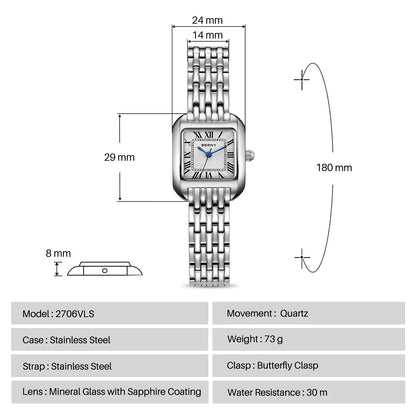 BERNY Luxury Brand Women's Watch New In High Quality S/S Square Ladies Quartz Watches Fashion Elegant Business Wristwatch