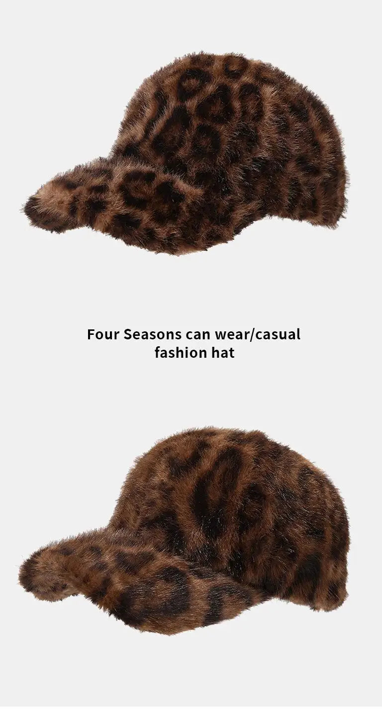 Casquette de baseball imprimé léopard pour femme, en fausse fourrure douillette, chaude pour l'hiver, casquette vintage d'extérieur à visière rabattable pour femme