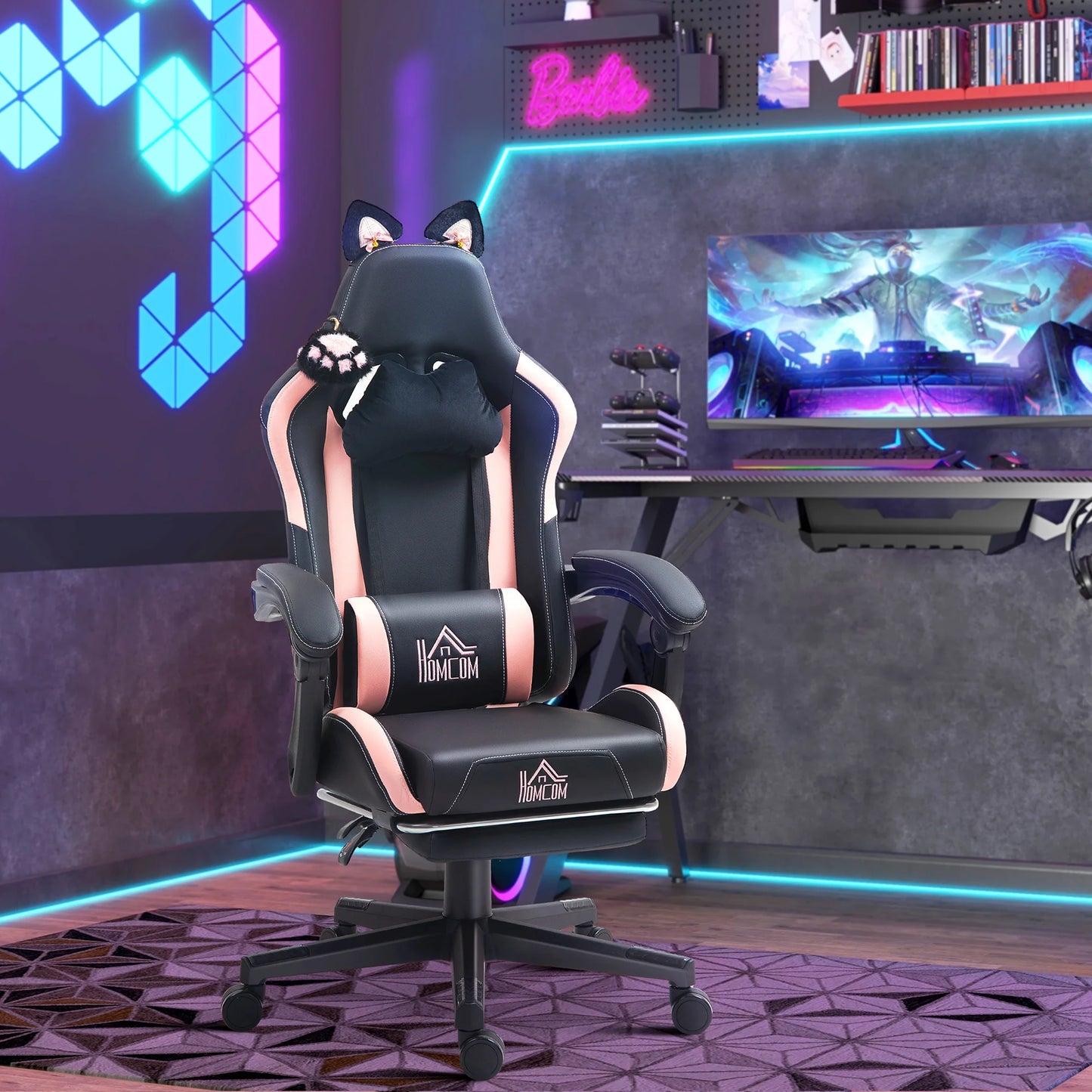 Gaming chair with cat ears, tiltable backrest, retractable footrest, maximum load capacity 120kg, gaming chair, office chair,