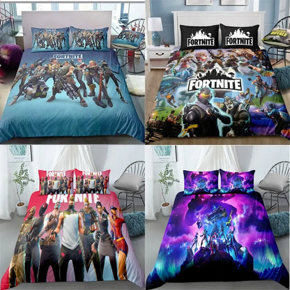 Fortnite-Bettwäsche-Set, 3-teilig, 3D-Druck, Bettwäsche für Schlafzimmer, Gaming-Cartoon-Dekor, Bettbezug und Kissenbezug, Geburtstagsgeschenk