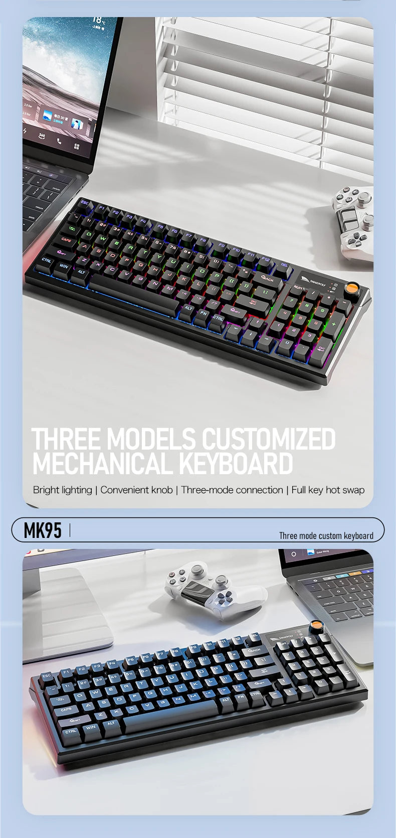 SMAILWOLF MK95 Bluetooth Wireless Korean Mechanical Keyboard Customized Gaming Laptop for Office Use with RGB Light Effect