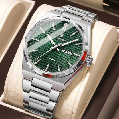 POEDAGAR luxury men’s wristwatch, water-resistant, luminous, stainless steel, with date and day of the week, quartz movement, business style.