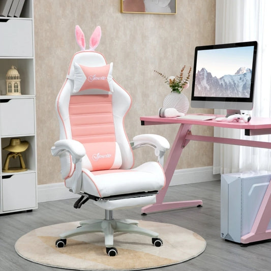 Ergonomic Gaming Chair, Reclinable Gamer Chair 135 ° , Footrest, Lumbar Cushion and Headrest, Adjustable Height, Pink