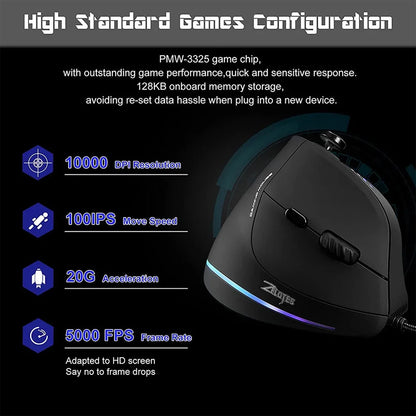 BOW Wired Gaming Mouse Programmable 12 Buttons RGB Mouse for Gamer Desktop Laptop PC Ergonomic Vertical Mouse Joystick 10000DPI