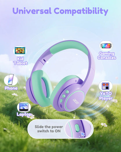 Acer Kids Bluetooth 6.0 Headphones Over Ear Headsets with Mic 75H Playtime 85dBA Safe Volume USB C Fast Charging for iPad Tablet