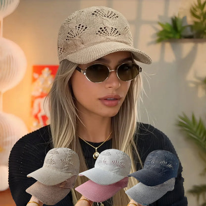 Summer Glossy Openwork Knit Baseball Cap for Women,Outdoor Sun Protection Hat Breathable Flattering Versatile