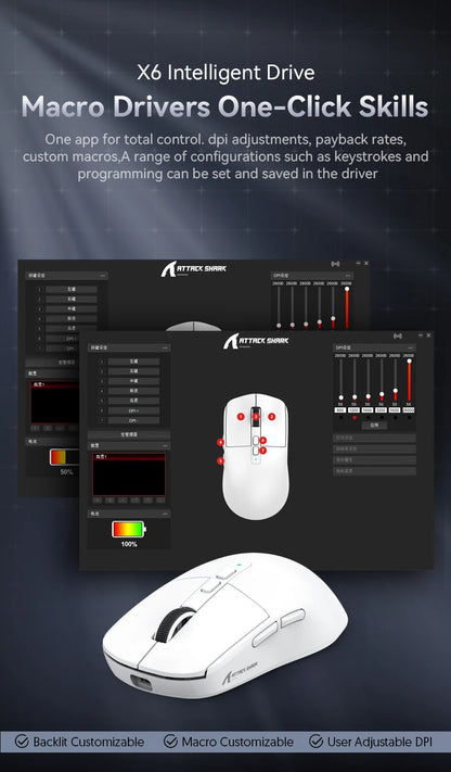 Attack Shark X6 Lightweight Wireless Gaming Mouse with 3 Mode Up to 26K DPI RGB Backlight Charging Base for Laptop Deskbtop