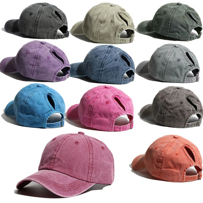 Simple Washed Hole Crossing High Ponytail Hat For Women, Versatile Baseball Cap Soft Top Baseball Cap