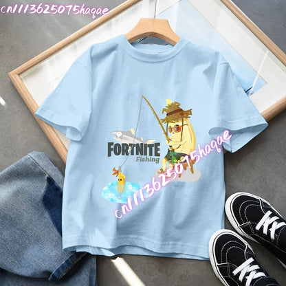 Fortnites Kids Blue Cotton T-Shirt Fortress Night Baby Short Sleeve Tees Shirt Cartoon Boy Girl Summer Clothes Kawaii Tops Gift