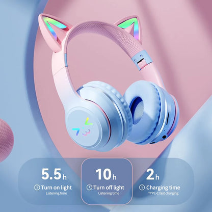 Gradient wireless RB cute cat ears Bluetooth headphones with microphone stereo music games headphones girls children gift