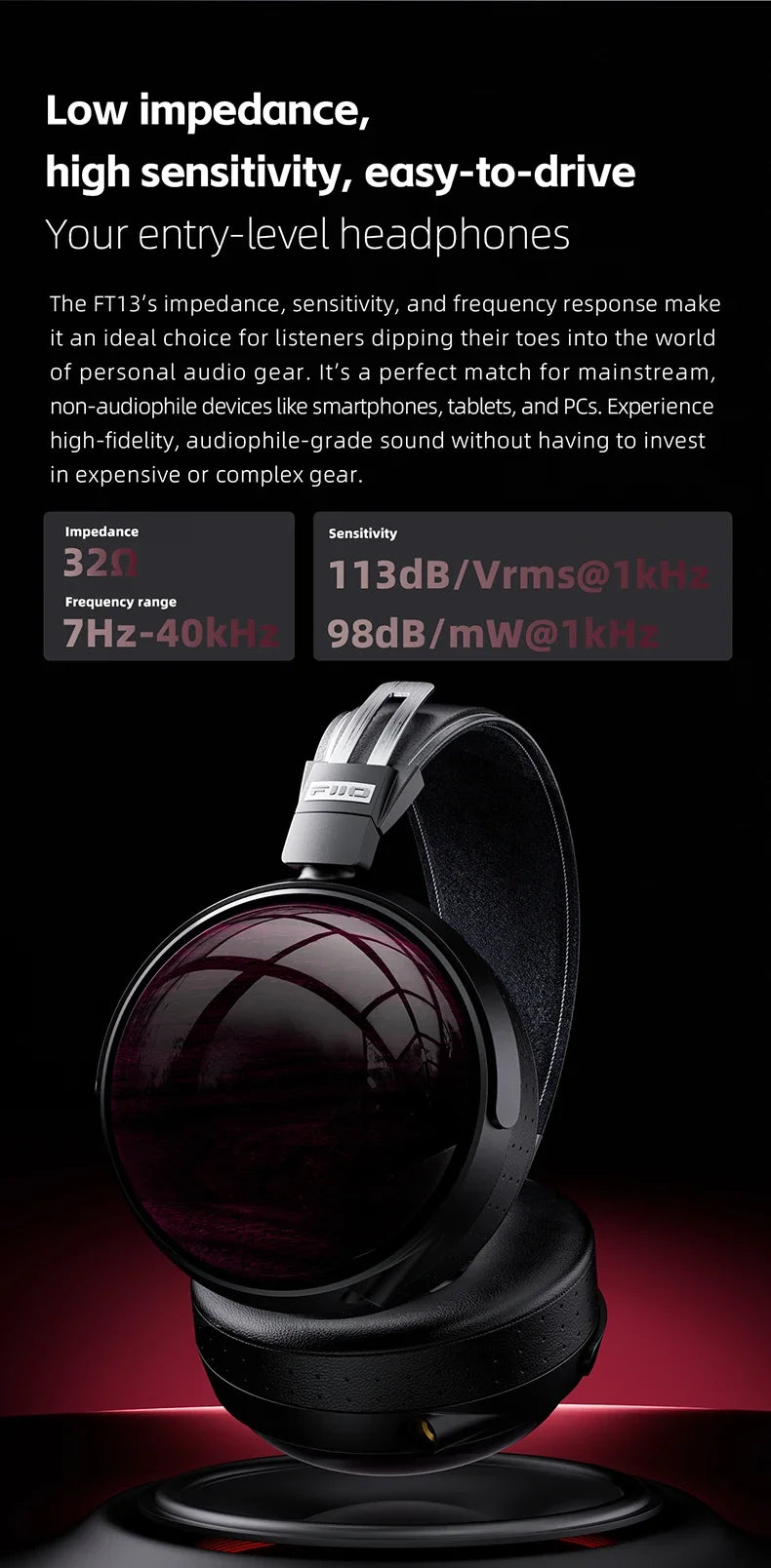 FiiO FT13 Audiophile Closed-Back Headphones Hi-Res Audio Wired HiFi Headphone