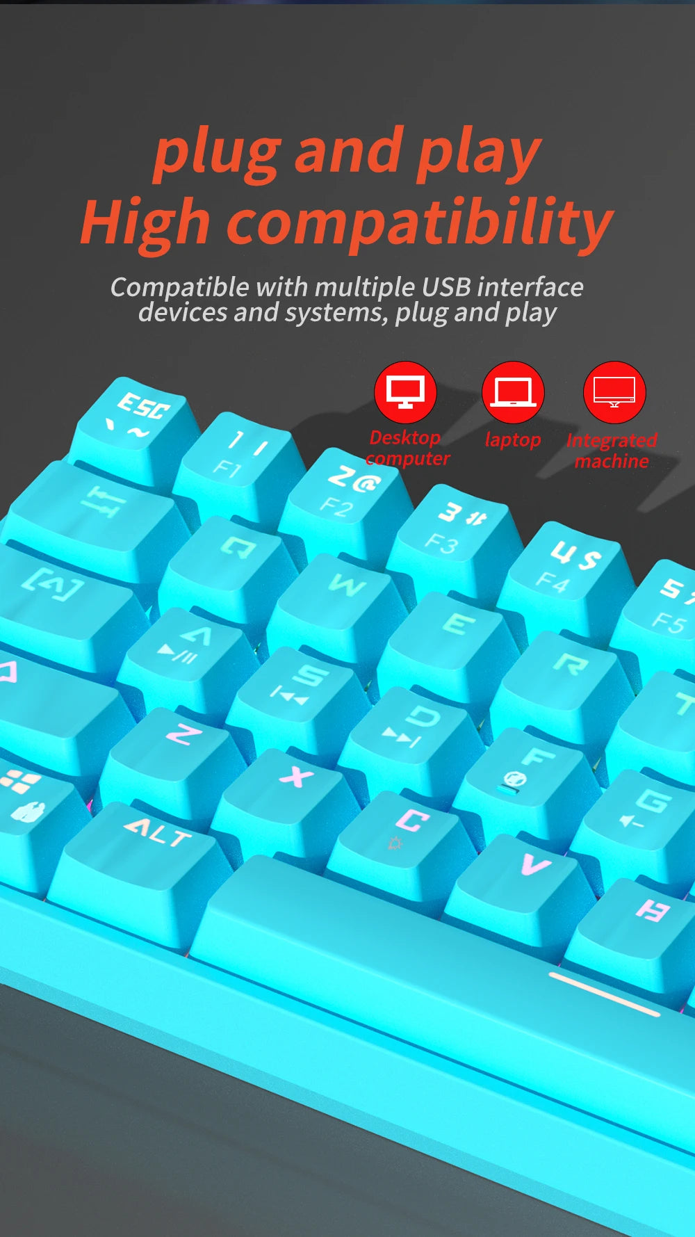 MUCAI MK61 USB Gaming Esports Mechanical Keyboard 61 Key Red Axis Wired Detachable Cable RGB Backlight Hot Swap