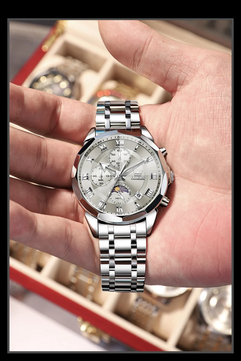 OLEVS 3675 Mens Watch Original Multifunctional Chronograph Quartz Watch Moon Phase Watches For Men Waterproof Mens Gifts Reloj