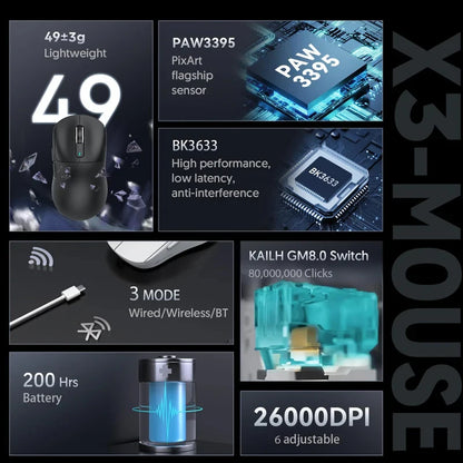 ATTACK SHARK X3 třirežimová myš 1K Hz, X3Pro bezdrátová Bluetooth myš 4K Hz, lehká, PAW3395, mobilní rychlost 650IPS