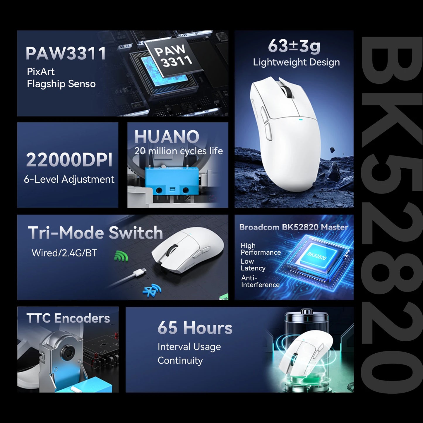 Bezdrôtová herná myš ATTACK SHARK X11SE, trojrežimová, ultraľahká 63g, so senzorom PAW3311, 22000 DPI, batéria 300mAh, dvojitý ovládač