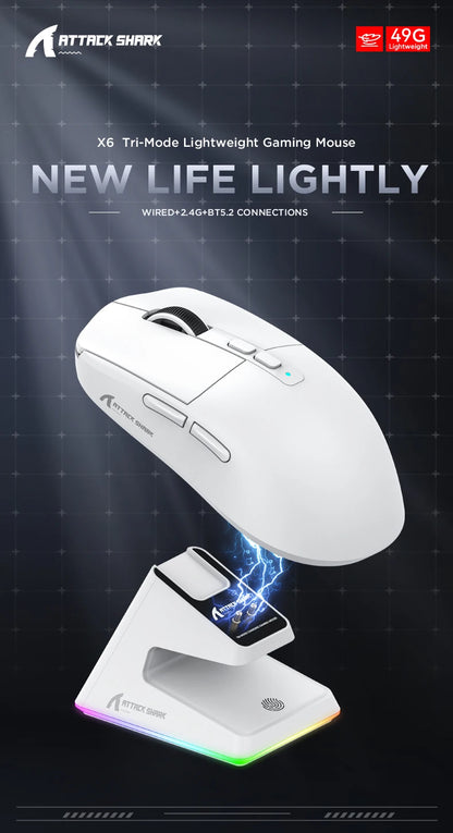 ATTACK SHARK X6 Tri-mode Gaming Mouse with Magnetic Charging Dock, PixArt PAW3395 Sensor, 26K DPI, 49g Ultralight, for PC/Mac