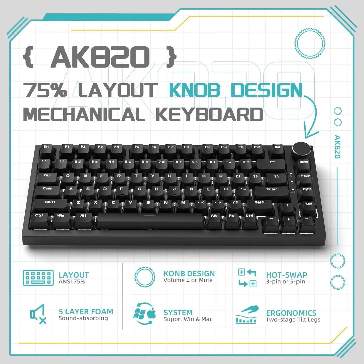 AK820 Wired Full-Key Hot-Swap Keyboard Removable USB Port White/Ice Blue Backlight Premium Sense Colorway