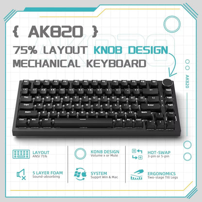 AK820 Wired Full-Key Hot-Swap Keyboard Removable USB Port White/Ice Blue Backlight Premium Sense Colorway