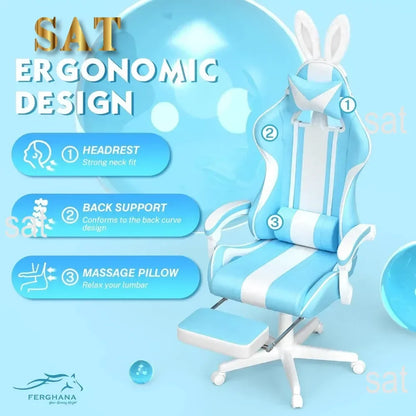 #For Kawaii Light Blue Gaming Chair with Bunny Ears, Ergonomic Cute Gamer Chair with Footrest and Massage, Racing Reclining&