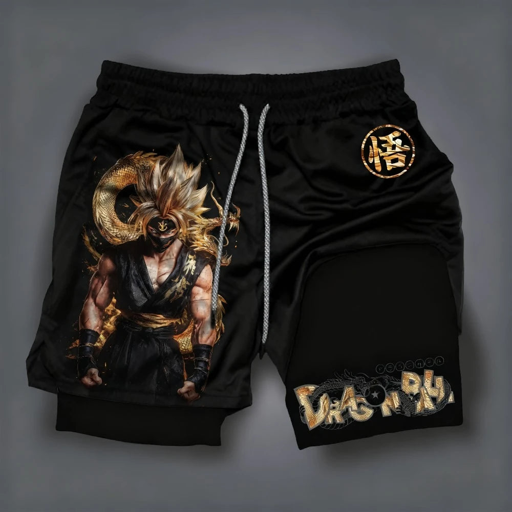 Dragon Ball Anime Goku Peripheral Printed Double-layered Shorts 2025 Summer American Sporty Men's Loose and Breathable Pants