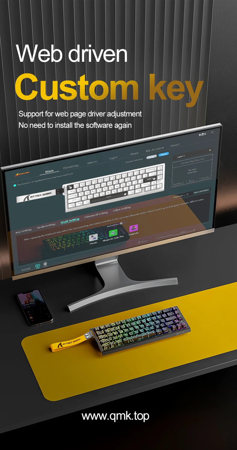ATTACK SHARK X68 HE Rapid Trigger 8KHz Magnetic Keyboard, 0.01mm RT Accuracy, 60% Layout, RGB, Support RT/Snap Tap/DKS/MT/TGL