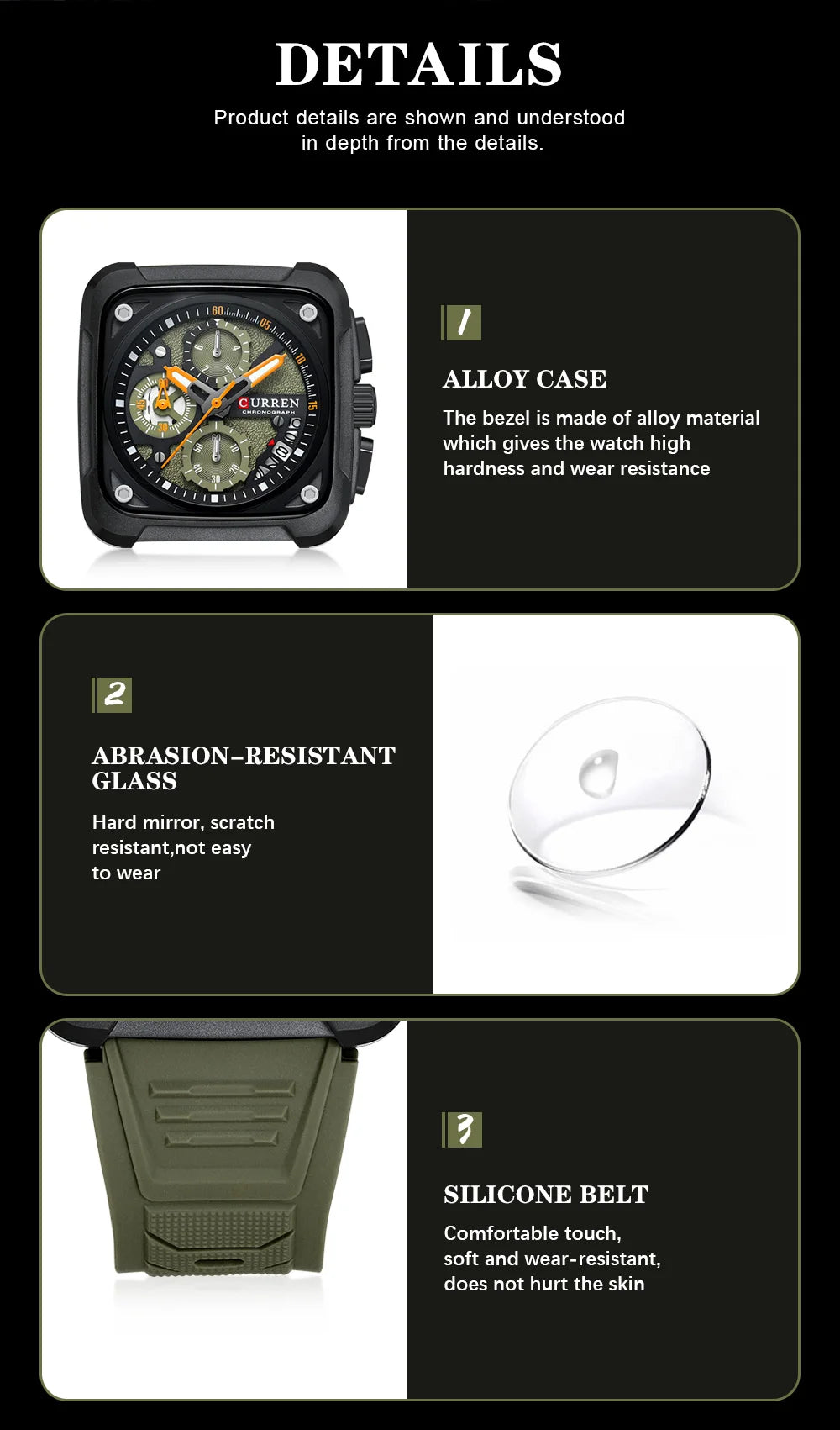 Top Brand CURREN Men's Watches Luxury Square Quartz Wrist Watch Original Waterproof Luminous Chronograph Watch for Men Relogio