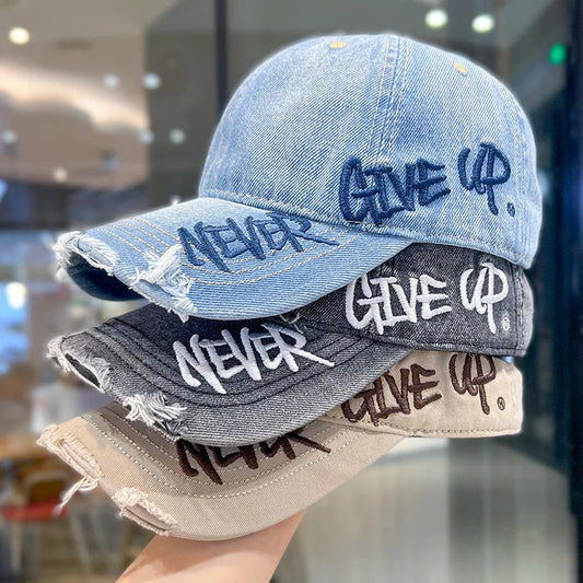 Vintage Washed Cotton Embroided Letter Baseball Cap Male Denim Hole Adjuatable Solid Color Casual Trendy and Stylish Cap for Men