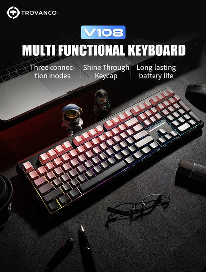 V108 Pro Bluetooth Keyboard  Office Low Noise 2.4G Wired&Wireless Full Layout with RGB Backlit Membrane
