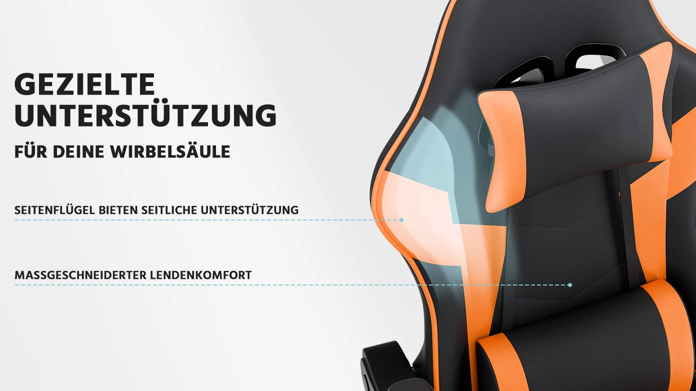 Ergonomic PU leather gaming chair with lumbar support, adjustable height and backrest, 200KG load capacity, black orange
