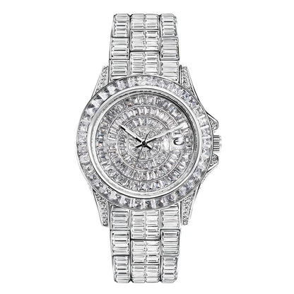 Full Iced Out Watches For Men Luxury Handmade Mosaic Diamond Silver Steel Watch Fashion Hip Hop Silver Automatic Date Male Clock