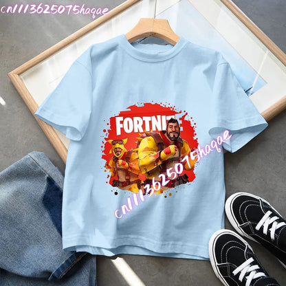 Fortnites Kids Blue Cotton T-Shirt Fortress Night Baby Short Sleeve Tees Shirt Cartoon Boy Girl Summer Clothes Kawaii Tops Gift