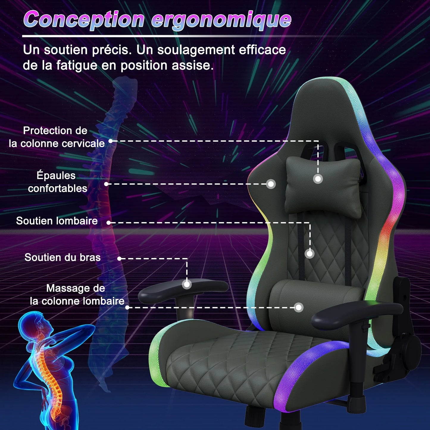 Ergonomic Gaming Chair with Massage Function, RGB LED, 90-135 Degree Recline,Up to 130kg,Office Chair, Premium Leather,Black