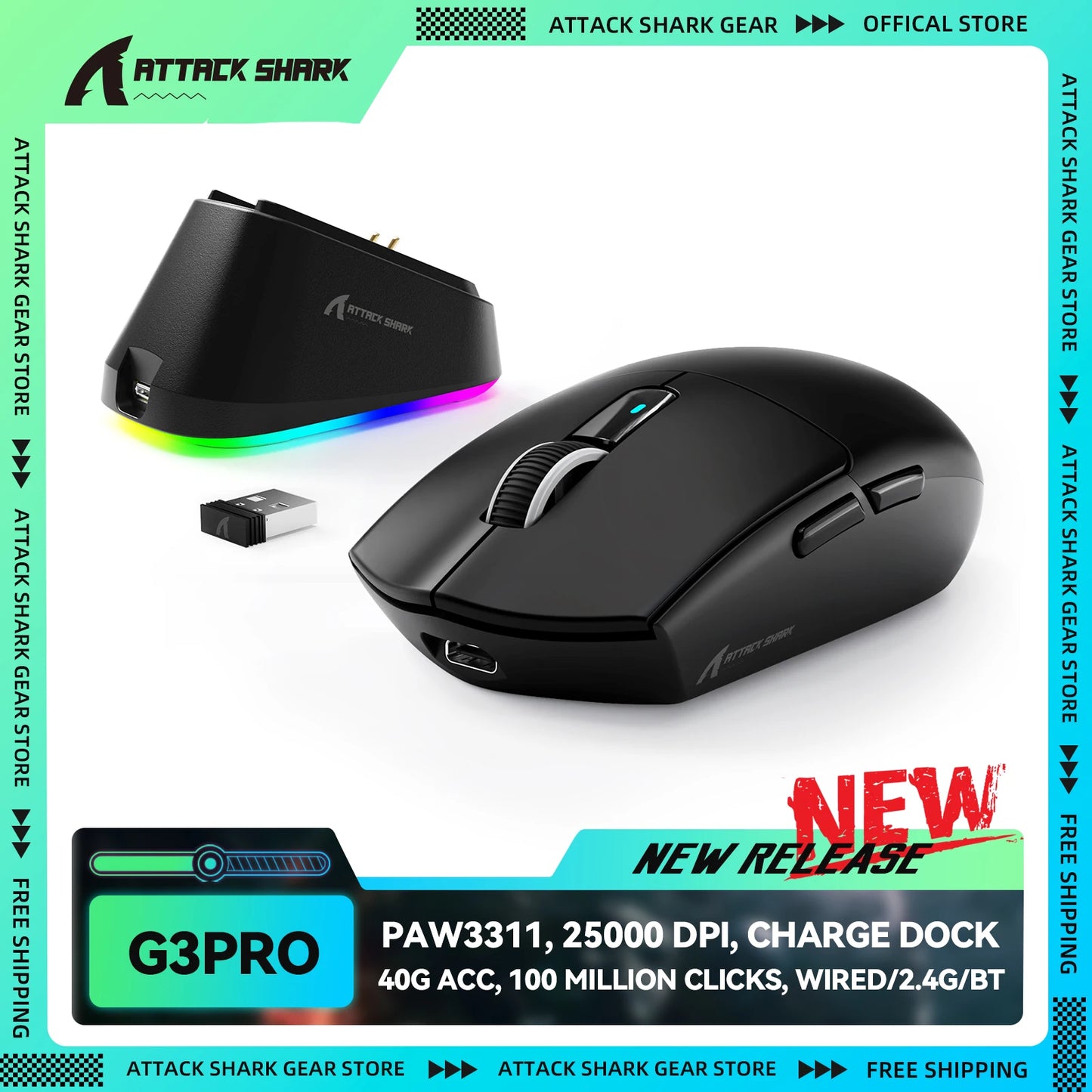 ATTACK SHARK G3PRO Tri-mode Wireless Gaming Mouse with Charge Dock 25000 DPI Ultra Lightweight, PAW3311 Sensor