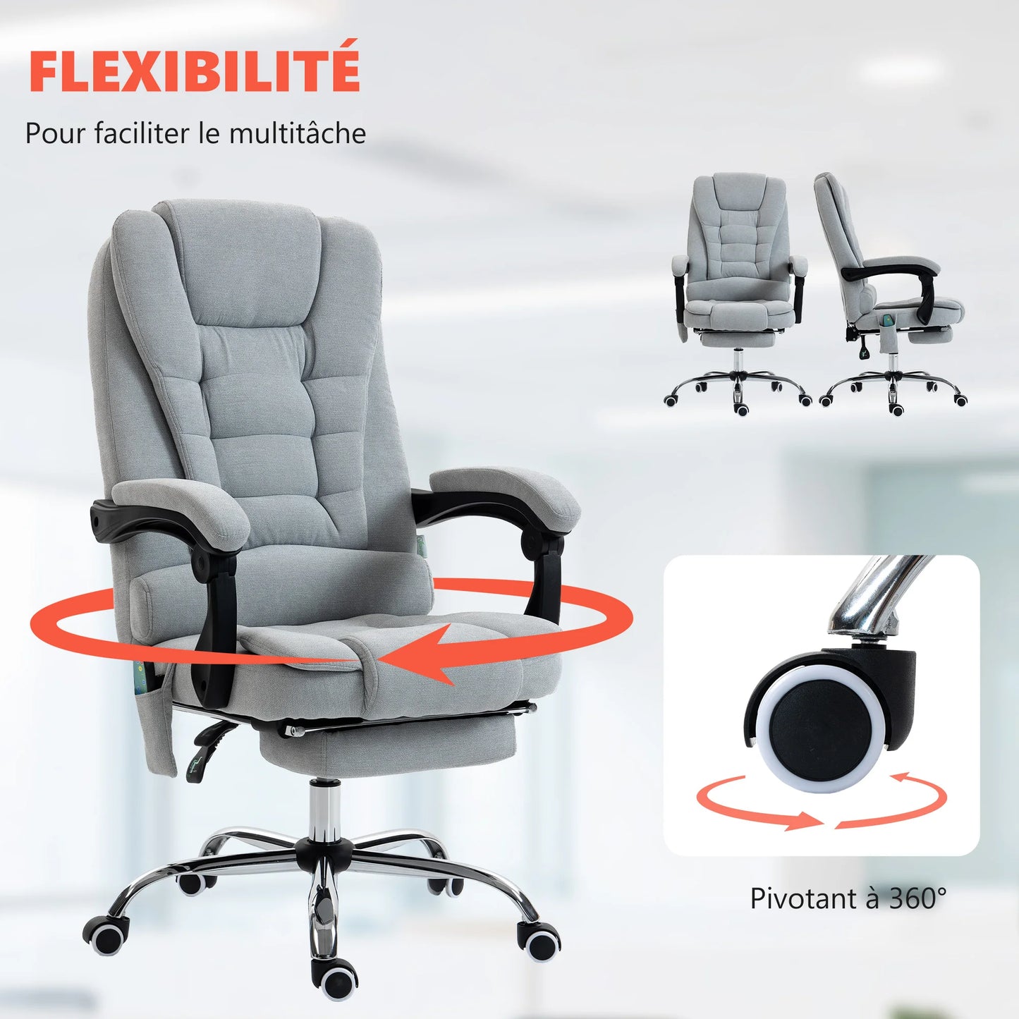 Massage and heated office chair, office chair, adjustable height, reclining back, 65x70x111-119cm, gray
