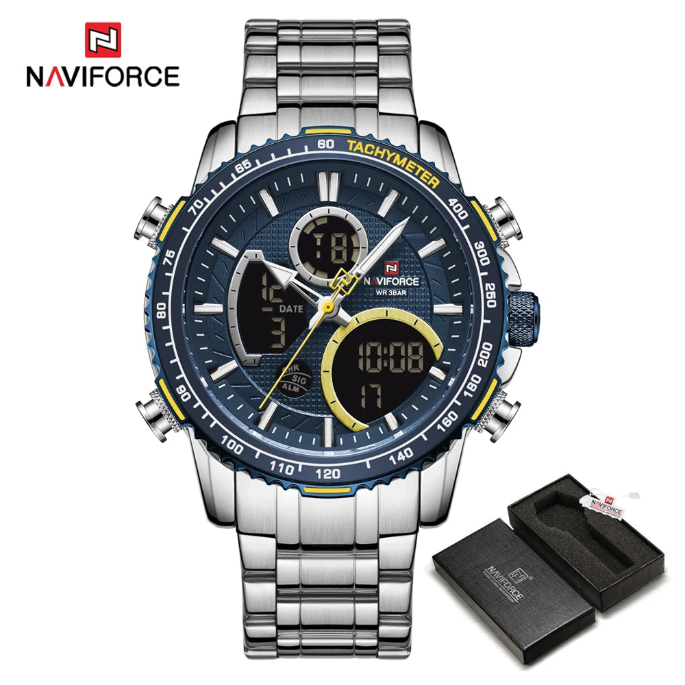 NAVIFORCE sportklocka för män – Original lyxig armbandsur i rostfritt stål, vattentät militärmodell med dubbla displayer