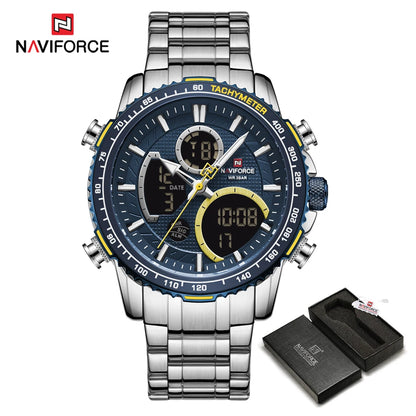 NAVIFORCE sportklocka för män – Original lyxig armbandsur i rostfritt stål, vattentät militärmodell med dubbla displayer
