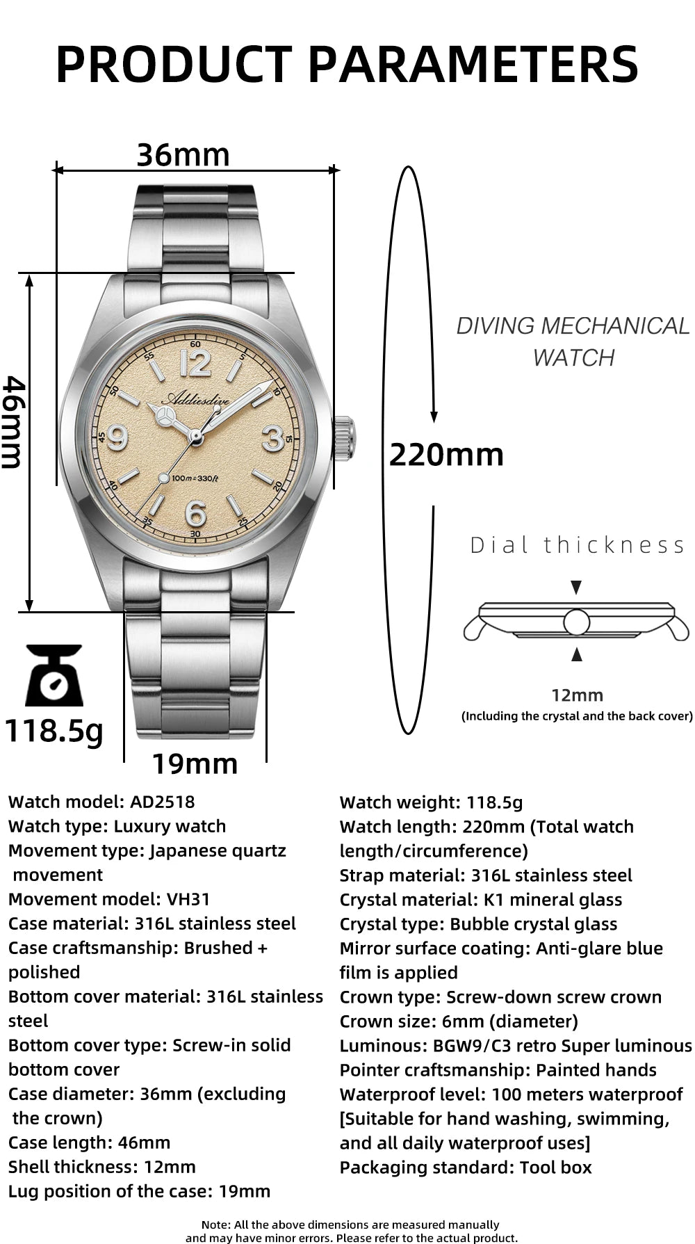 ADDIESDIVE 36mm Bestseller-Herrenuhr AD2518 mit gewölbtem Spiegelglas, 316L-Edelstahl, Herrenuhr, 100m wasserdichte Quarzuhr