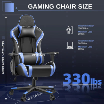 Gaming Chair, Ergonomic PU Leather Office Chair, Reclining Swivel Computer Chair with Headrest Lumbar Support, Black Blue