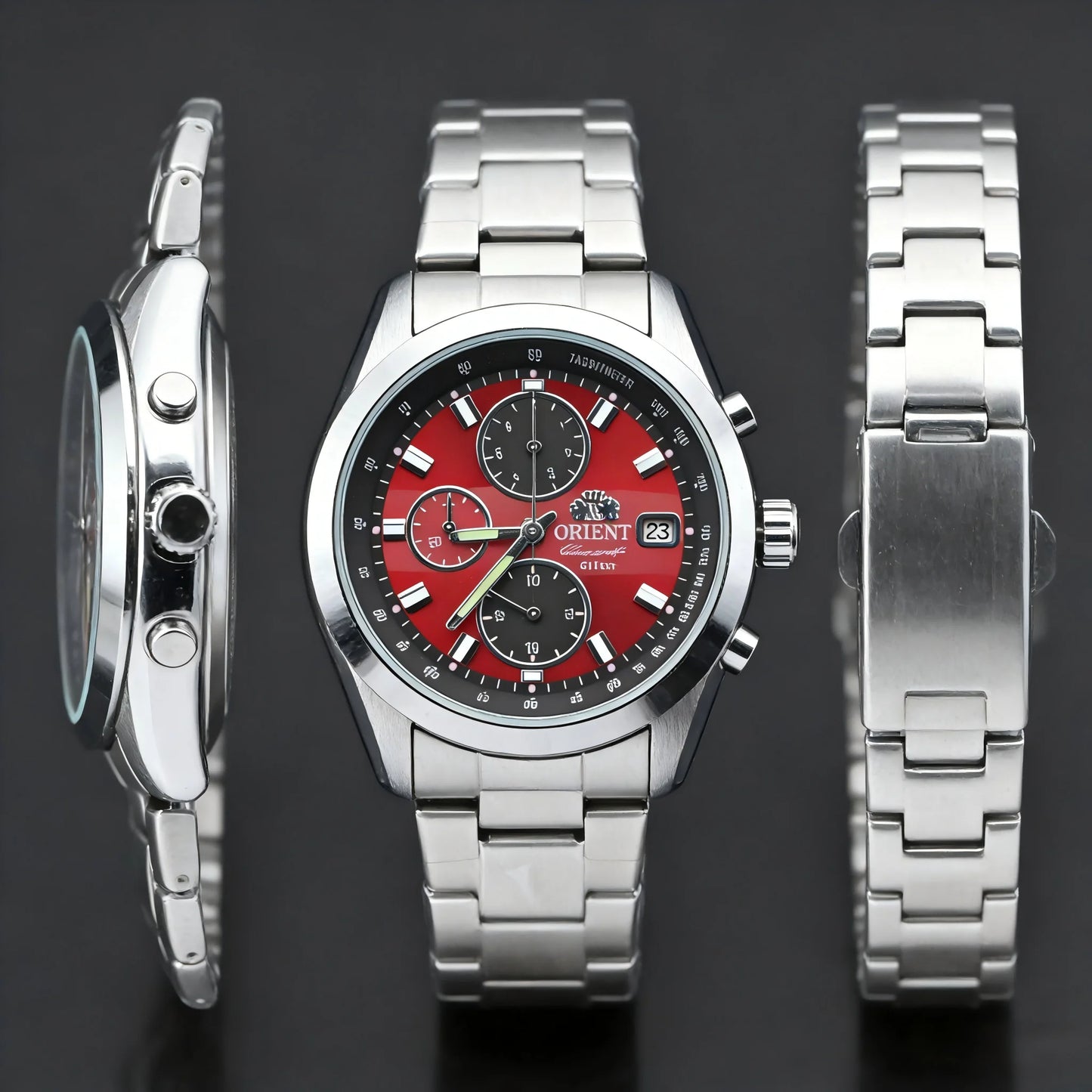 Orient Men's Quartz Chronograph Watch Red Dial Stainless Steel Band 100M Waterproof Sport Wristwatch