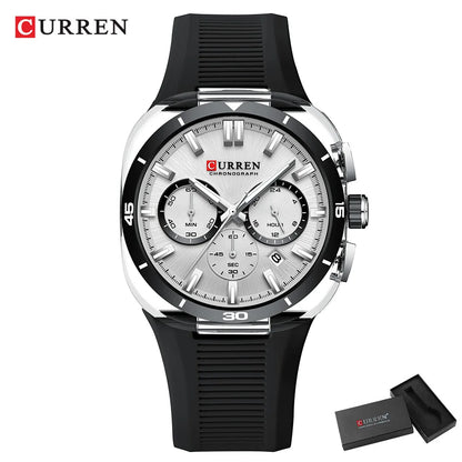 Ceas pentru bărbați CURREN – Nou model de lux cu mecanism cu cuarț, brățară din silicon, stil sportiv, multifuncțional, rezistent la apă, luminat, cu afișaj al datei și cronometru.