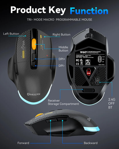 12800DPI 2.4G Wireless Bluetooth Wired Tri-mode Mouse Mute Button Macro Programming Carbon Fiber Gaming Mouse 500mAh 7 Keys
