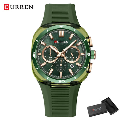 Ceas pentru bărbați CURREN – Nou model de lux cu mecanism cu cuarț, brățară din silicon, stil sportiv, multifuncțional, rezistent la apă, luminat, cu afișaj al datei și cronometru.