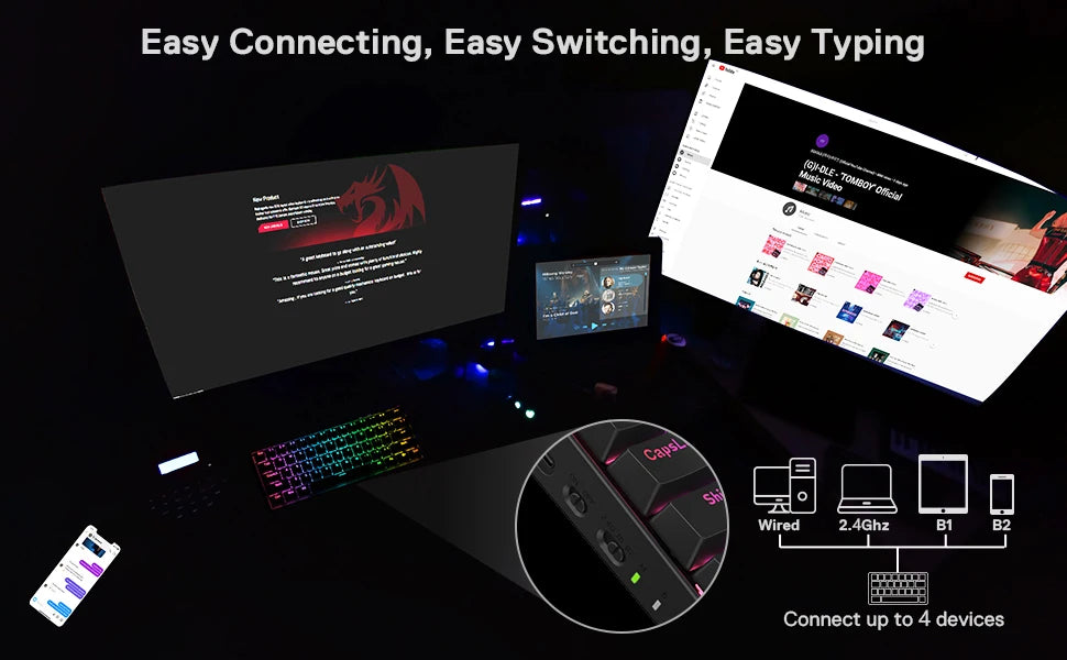 Redragon K530 Pro Draconic 61 Keys 60% Wireless RGB 100% Hot-Swap Socket Mechanical Keyboard Bluetooth/2.4Ghz/Wired 3-Mode