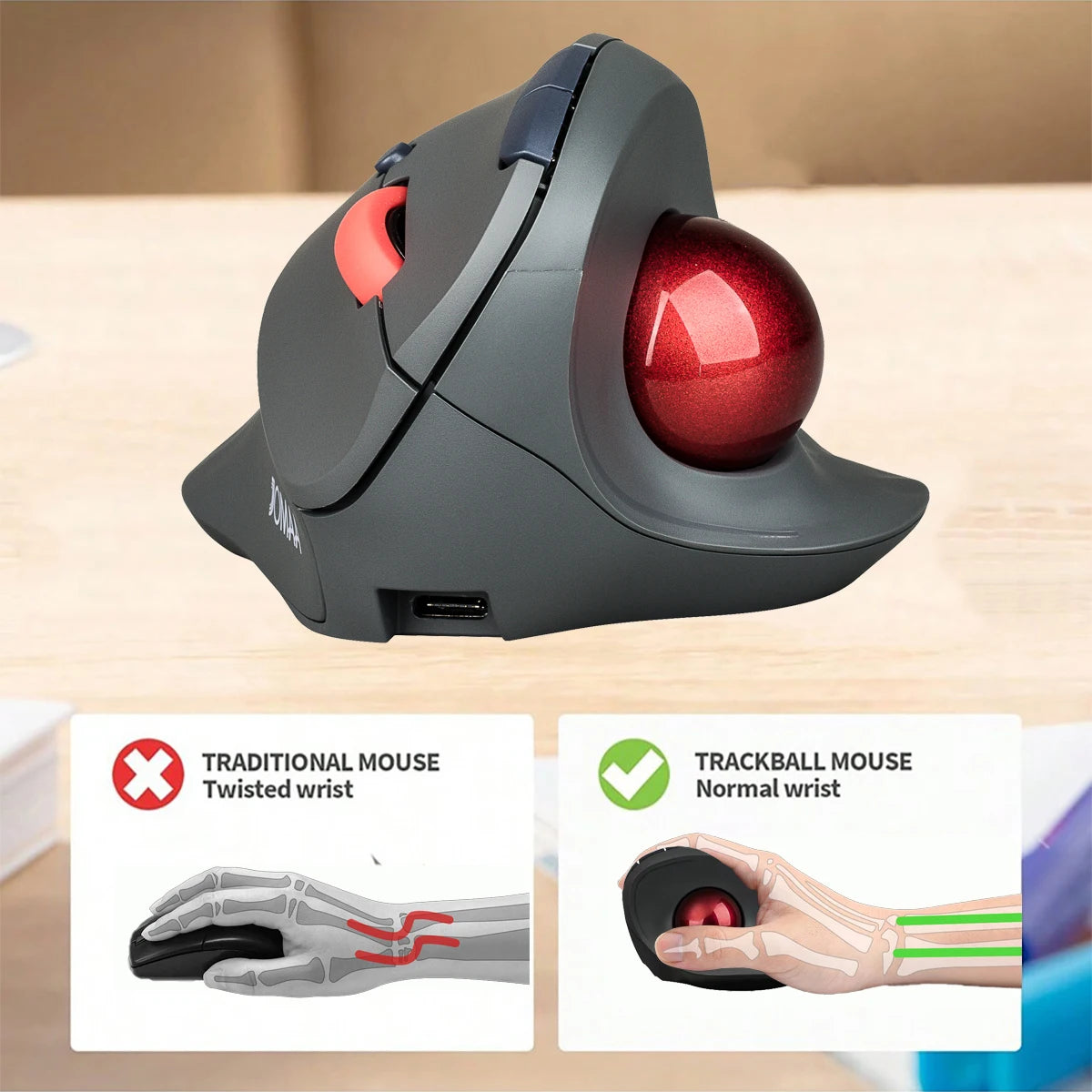 JOMAA Wireless Trackball Mouse Vertical Rechargeable Rollerball Mouse Ergonomic Slient Clikc Gaming Mouse for Windows Computer