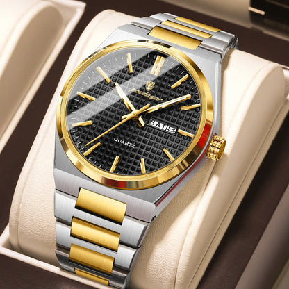 POEDAGAR luxury men’s wristwatch, water-resistant, luminous, stainless steel, with date and day of the week, quartz movement, business style.